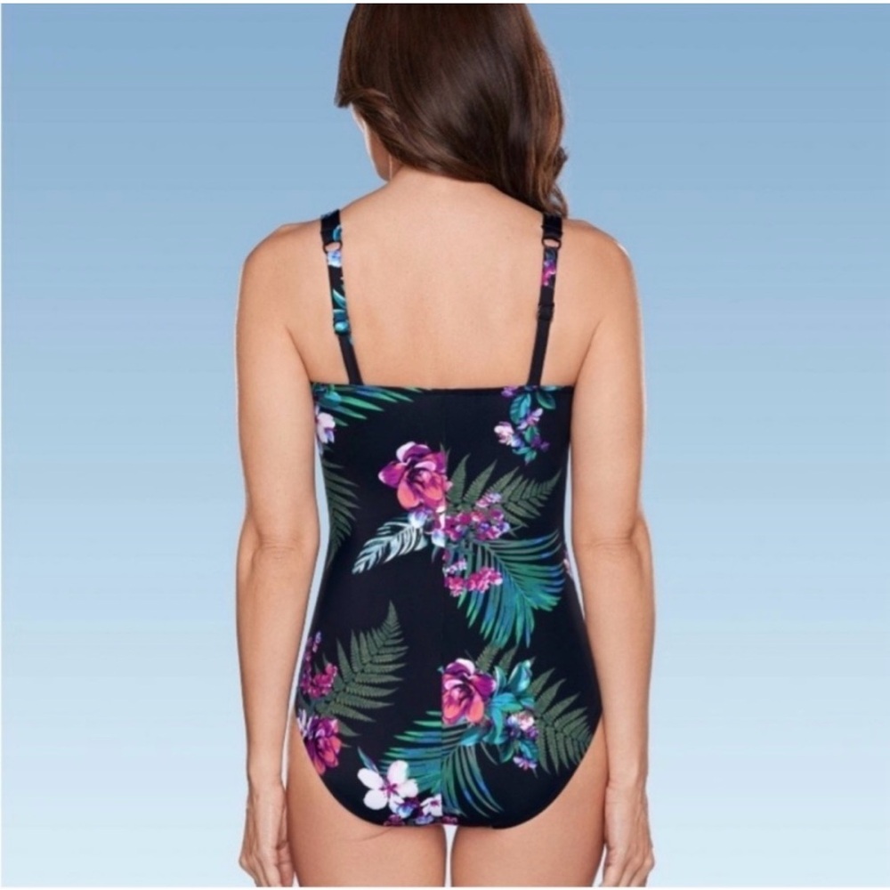 Aqua Green Floral One-Piece Slimming Swimsuit - Black and Purple - Picture 2 of 4